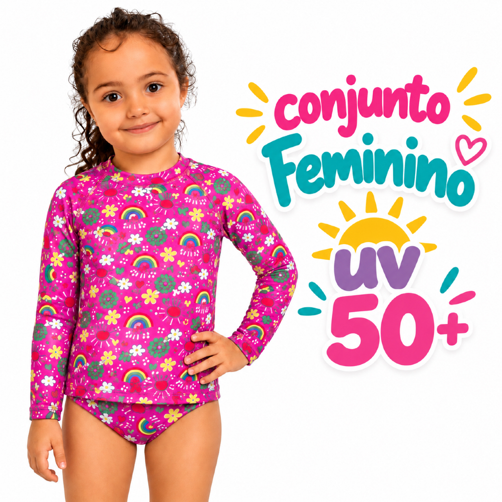 Conjunto Blusa Proteção Solar UV 50+ e calcinha Biquíni Infantil Menina Natação Praia Piscina