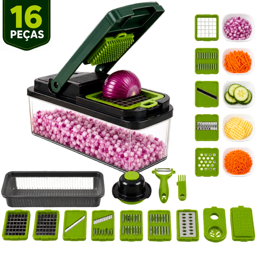 Cortador de Legumes 16 em 1 Multifuncional Fatiador Ralador Picador com Lâminas Inox para Frutas e Verduras