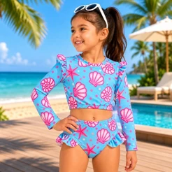 Biquíni Infantil Menina Manga Longa Praia Piscina 2 Peças Estampado 4 ao 10 Anos