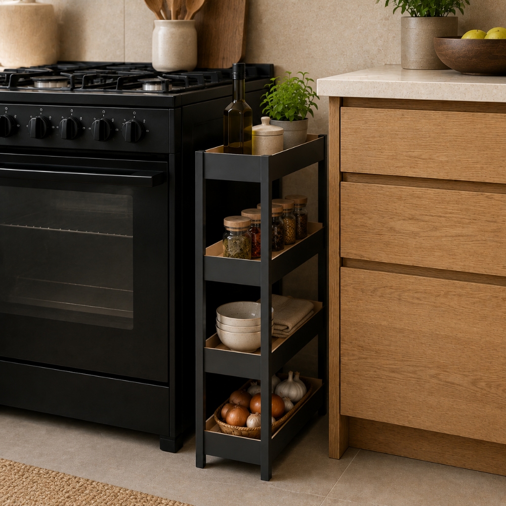Organizador de Temperos Multiuso 4 Prateleiras Compacto para Cozinha Estante Preta Moderna e Funcional