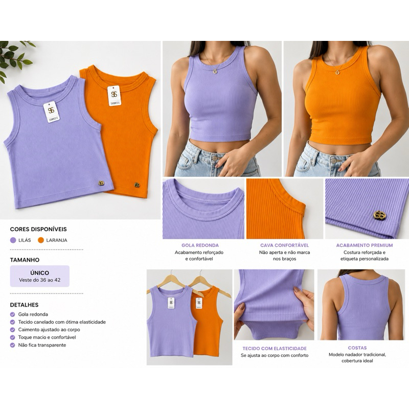 Kit com 2 Regatas Caneladas Femininas – Tamanho Único, nas cores Lilás e Laranja, com gola redonda caimento confortável.