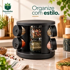 Porta Condimentos Giratório 360° com 6 Potes de Vidro – Organizador de Temperos Cozinha Preto