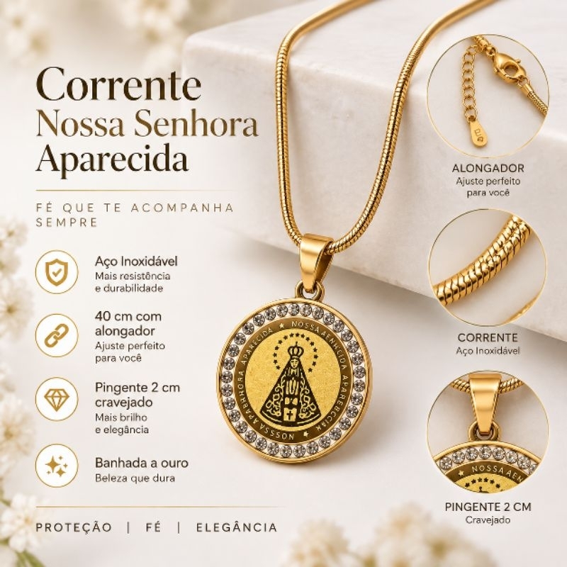 Corrente Nossa Senhora Aparecida Banhada a Ouro Aço Inoxidável 40cm com Alongador Pingente Cravejado 2cm
