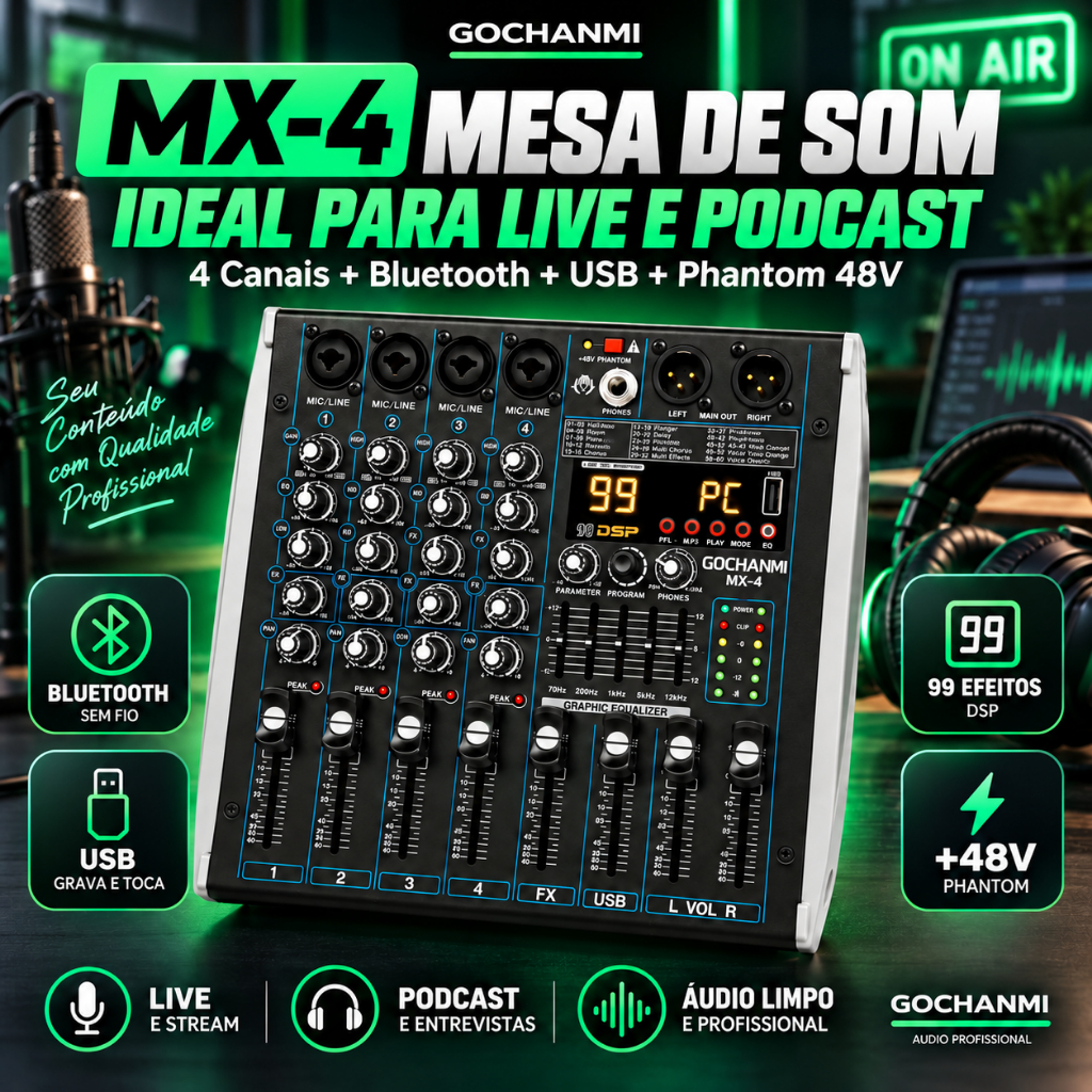 Mesa de Som MX-4 4 Canais Bluetooth USB 99 DSP Phantom 48V para Podcast Live e Microfone Condensador