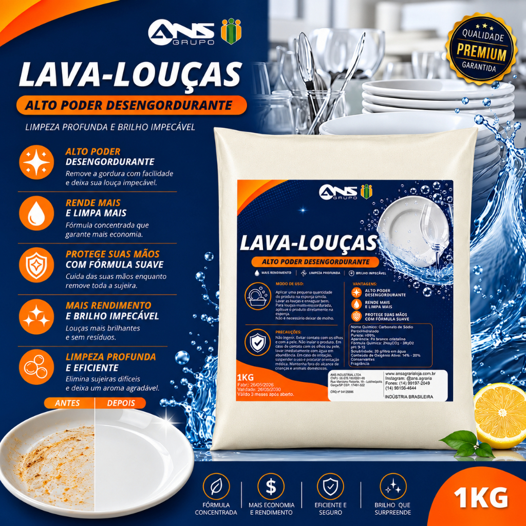 Lava Louças em Pó 1Kg Detergente com Percarbonato Desengordurante Premium Super Potente Limpeza Profunda
