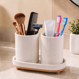 Kit Organizador Banheiro Pia Bandeja Porta Escova Canelado Conjunto Lavabo Home Decor Maquiagem Pincel
