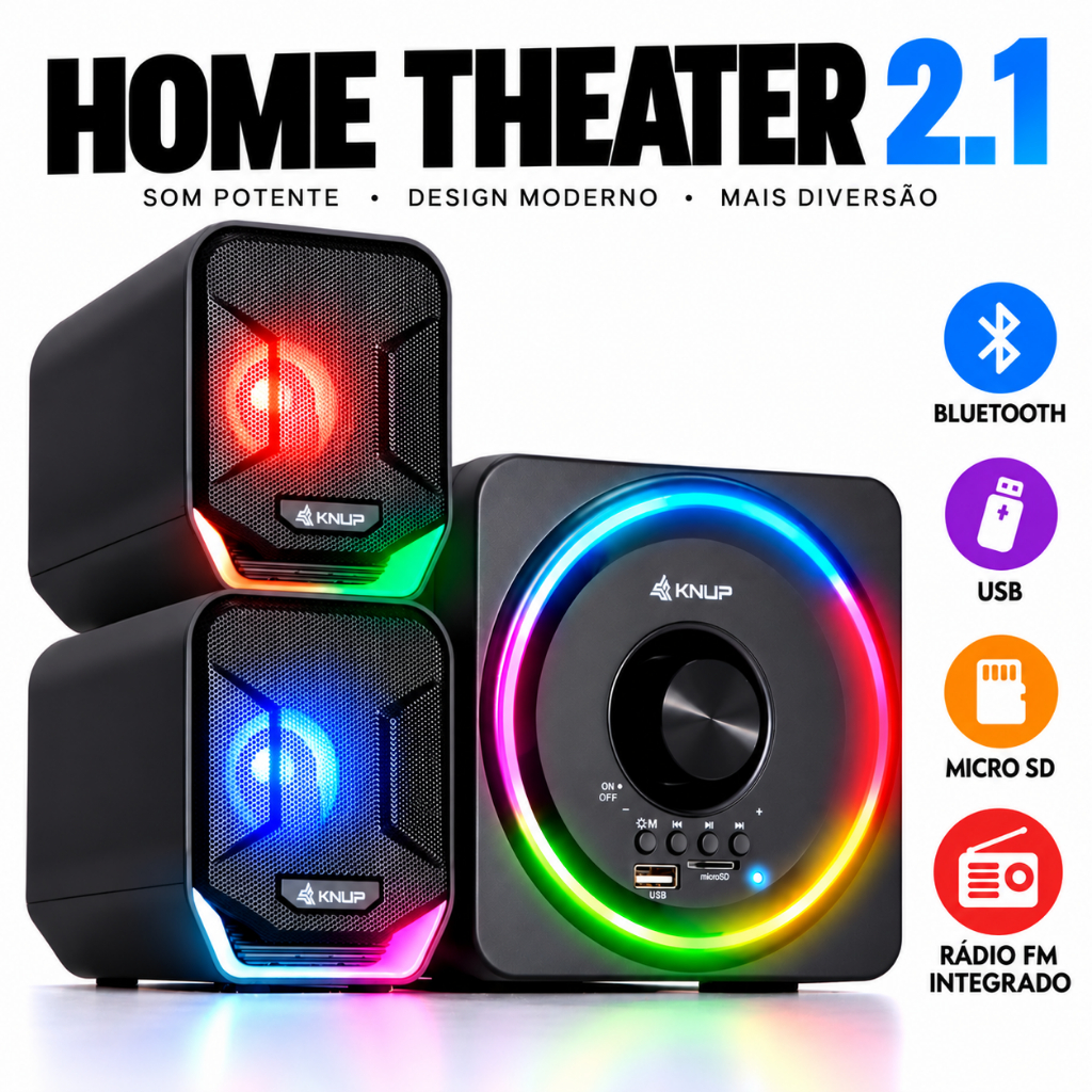 Home Theater Bluetooth Knup 16w Rms Com Subwoofer 2.1 Caixa De Som Com Radio FM Soundbar para Tv P2