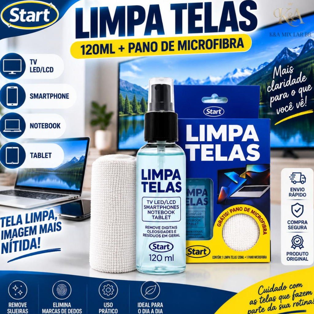 Kit Limpa Telas Start 120ml Spray + Pano de Microfibra Grátis Para TV Notebook Celular Tablet Monitor LED LCD