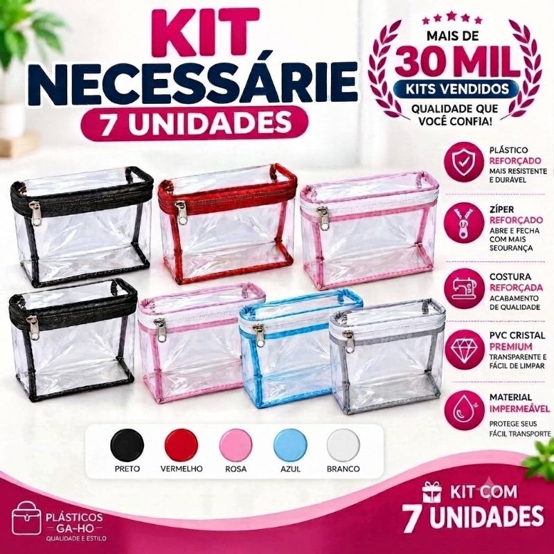 Kit c/ 7 Und - Necessaires Várias Cores- Organizador e Multiuso Perfeito para Guardar Utensílios Pessoais e Roupas, Mala