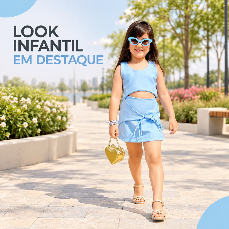 Conjunto Infantil Feminino Cropped + Saia Curta em cores pastéis. Ideal para meninas estilosas que amam conforto e moda