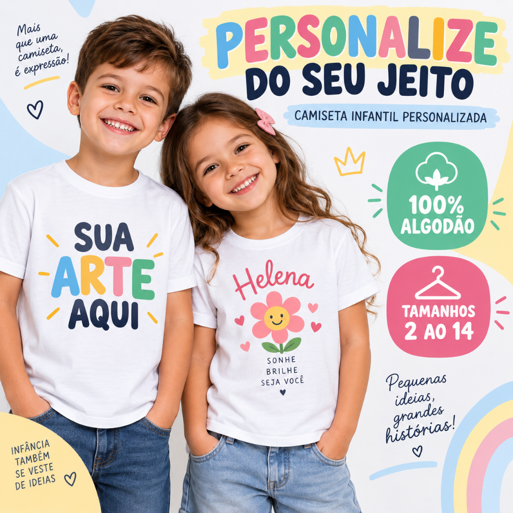 Camiseta Infantil Personalizada 100% Algodão com Sua Arte, Foto, Nome ou Frase – Tamanhos 2 ao 14