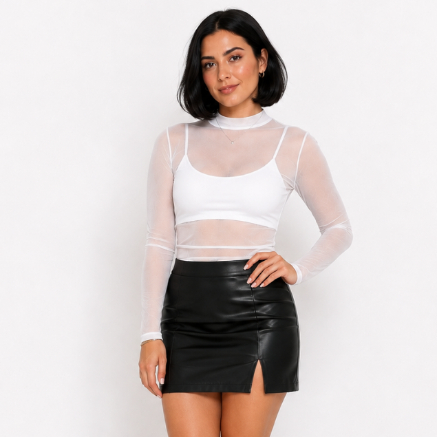 Blusa Feminina Tule Transparente Manga Longa Gola Alta