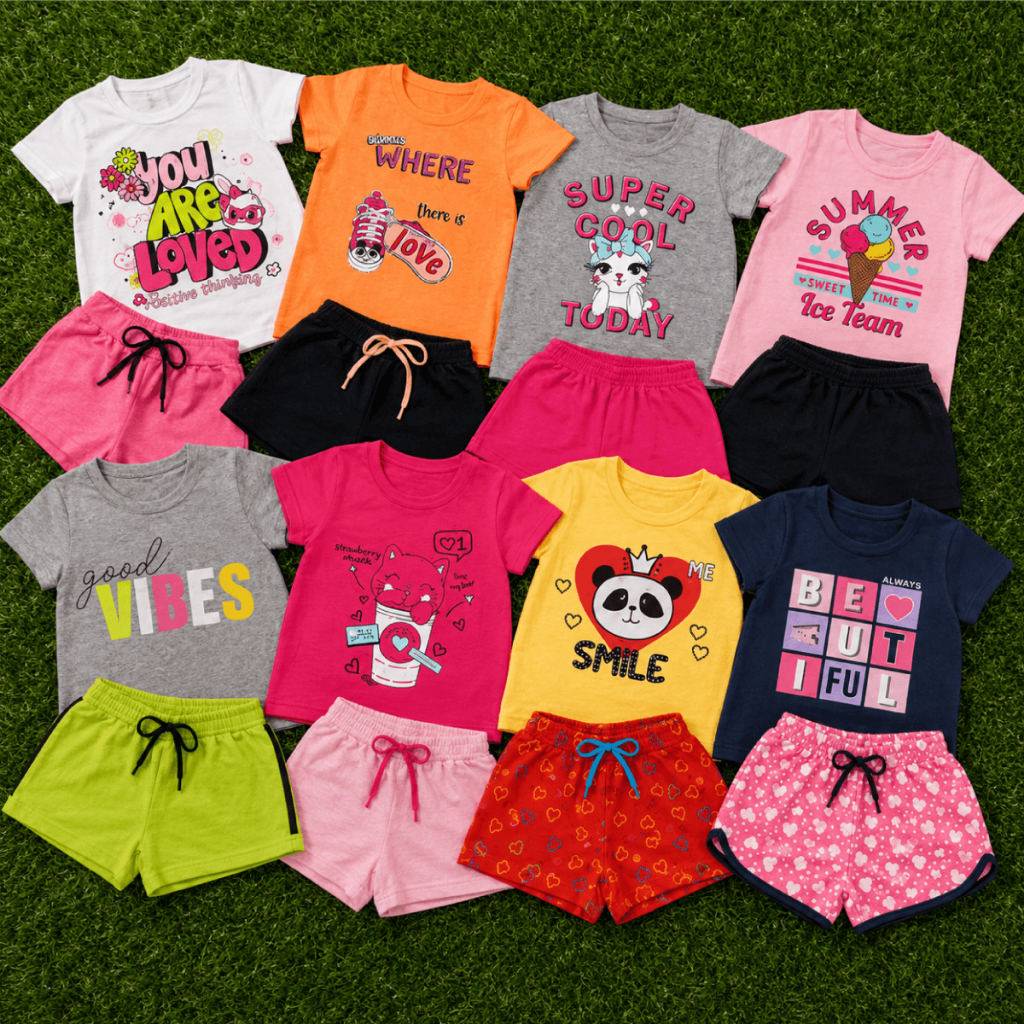 Kit 6 Peças Conjunto Infantil Feminino Blusa Gola Redonda Com Varias Estampas Shorts Com Cadarço Elastico Estampado