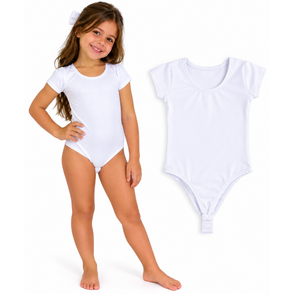 Body Infantil Branco Liso para Meninas Manga Curta Poliéster Roupa Infantil 1 a 10 Anos