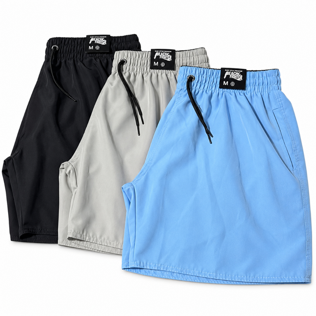 KIT 3 Short Masculino Microfibra com Elastano Beach Fighter Academia Praia Esporte Treino Bolsos