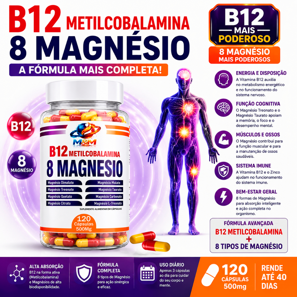 8 Magnésios + B12 Metilcobalamina 60 OU 120 Capsulas DIMALATO QUELATO BISGLICINATO L TREONATO