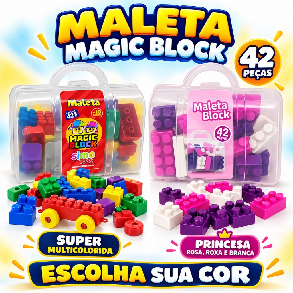 Maleta Magic Block 42 Peças Blocos de Montar Infantil Educativo Criativo 2 Cores