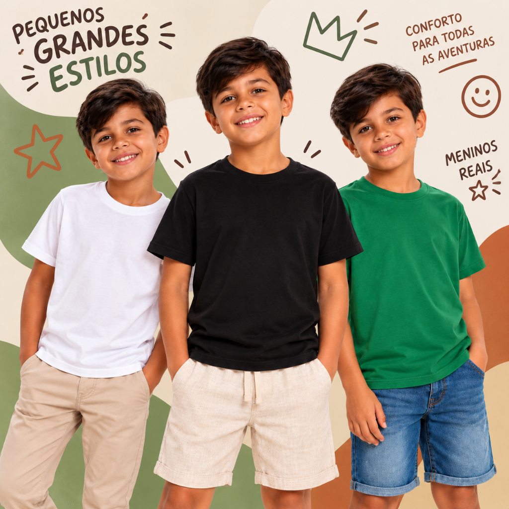 Kit 3 Camiseta Básica Infantil Lisa Menino Menina Algodão Cores Sortidas Unissex Manga Curta TAM 1 ao 14