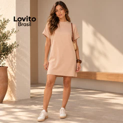 Lovito Vestido Curto Camiseta Moda Casual Liso para Mulheres BRDRB16251655
