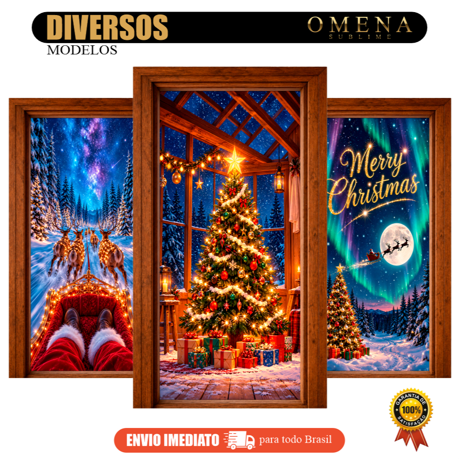 Capa de Porta Decorativa Efeito 3D Realista Natal Tecido Premium Vest Facil 0,85 x 2,10
