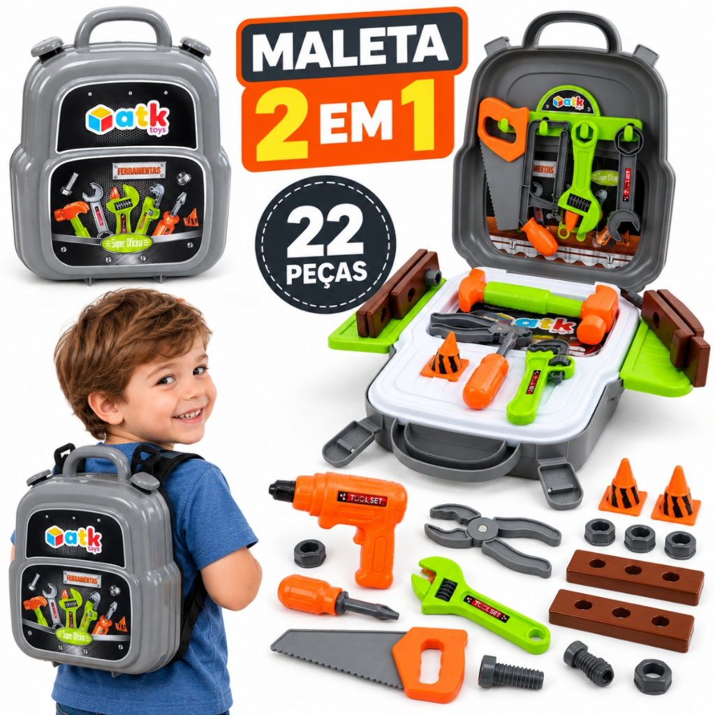Maleta Ferramentas Infantil Brinquedo Kit 3em1 Mochila Bancada Criança