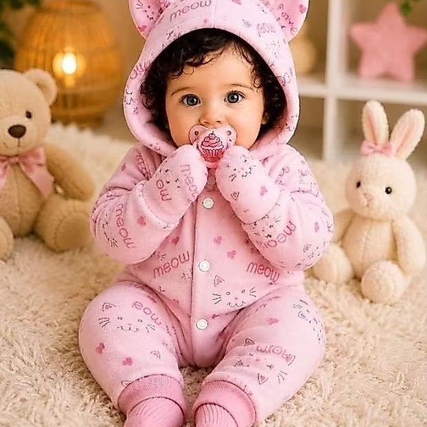Macacão Longo Bebê Unisoft e Plush Inverno Pé Punho Capuz Orelhinhas Menino Menina P M G GG 1 a 2 anos