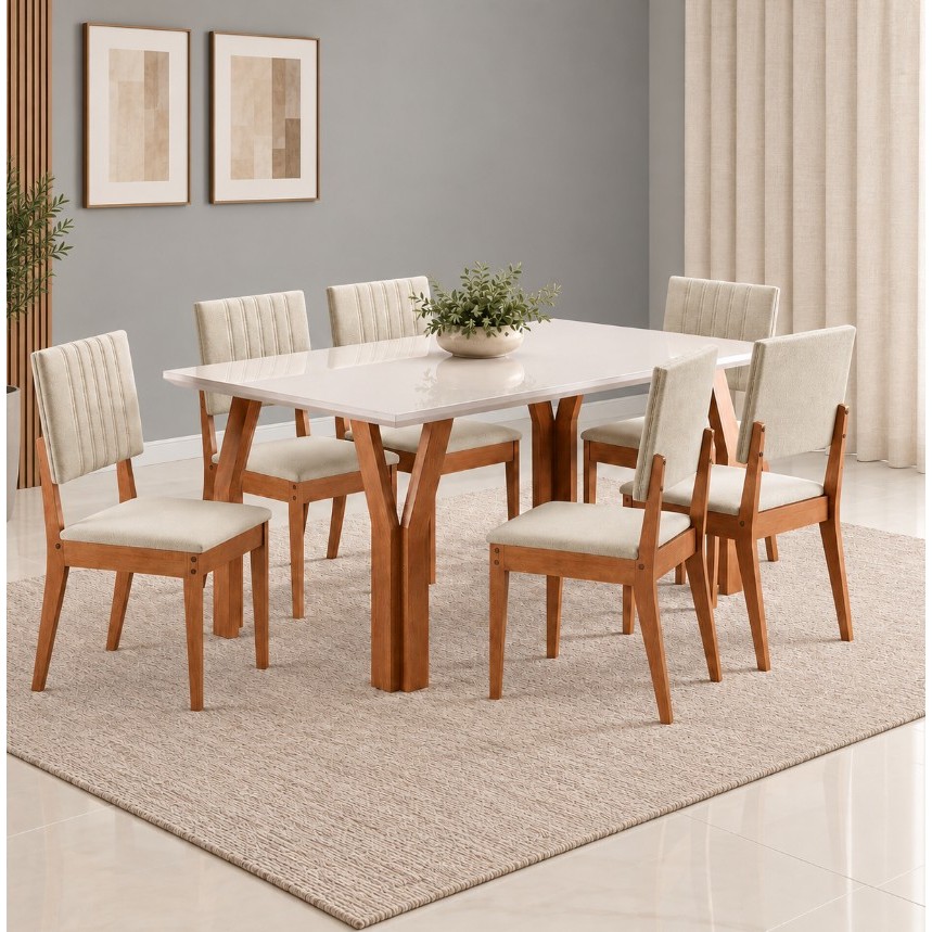 Conjunto Sala de Jantar Mesa 154cm com Tampo de Vidro Atlas com 6 Cadeiras Milão Madetal