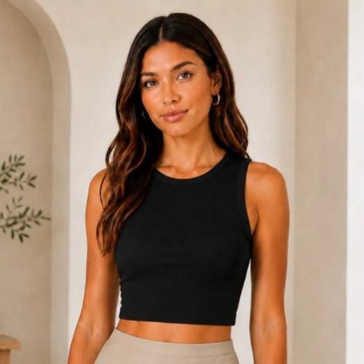 Cropped Feminino Canelado Regata Básico Gola Redonda Casual Tecido Confortável Premium