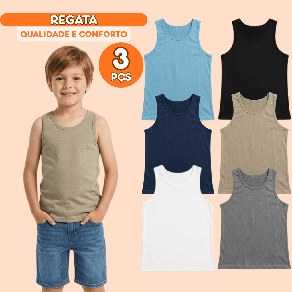 Kit Sortido 3 Regatas Infantil Menino Básica Lisa Tamanho 2 ao 14 Roupa Infantil Bebê Menino Verão Masculino