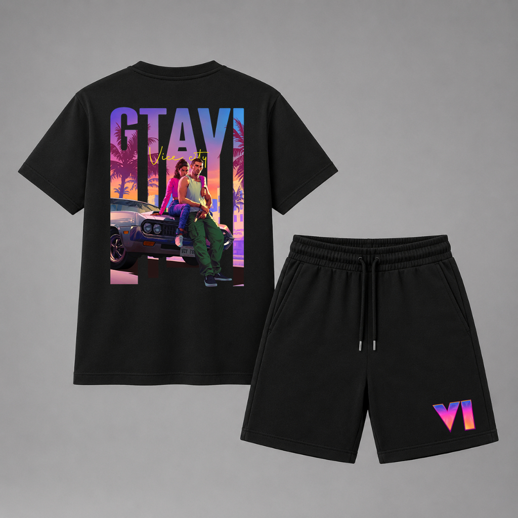 Kit Camiseta e Bermuda GTA Vice City Masculino Conjunto Gamer Streetwear Jogo Retrô Estampado