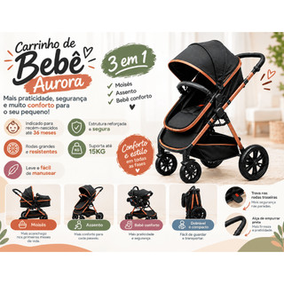 Carrinho de Bebê Aurora 3 em 1 com Moisés 0 a 36 Meses até 15 kg Preto e Marrom