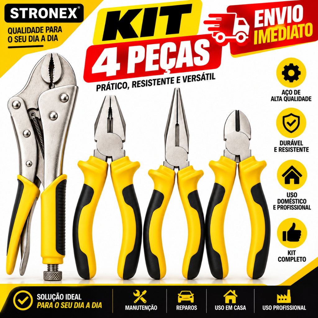 KIT JOGO DE 4 ALICATES PROFISSIONAL ALICATE DE PRESSÃO UNIVERSAL BICO CORTE DIAGONAL 10 JOGO DE FERRAMENTAS COM CHAVINHA