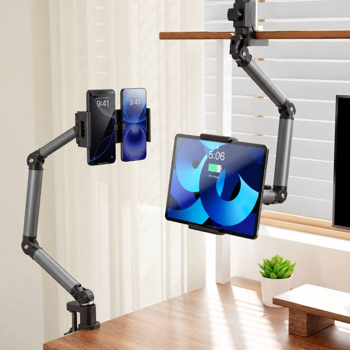 Suporte Braço Mágico Articulado Ajustável Dobrável de Mesa Para Tablet iPad e 2 Celulares B-MAX BMG 105
