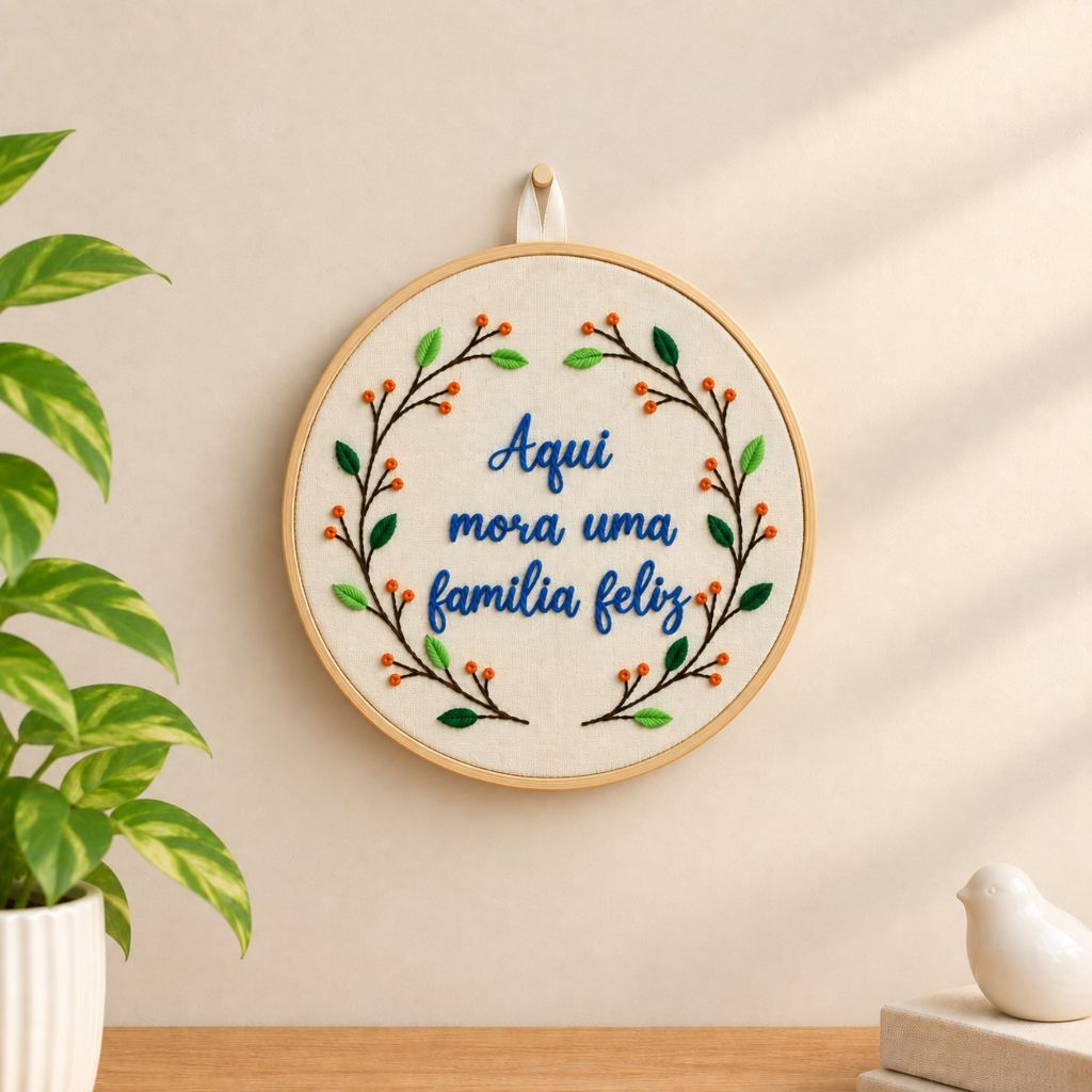 Bordado em Bastidor Aqui Mora uma Família Feliz Quadro Família Bordado Decoração Bordado Decorativo