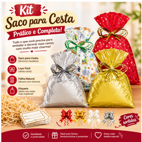 Kit Saco para Presente 25 x 35xm - com Laço e Etiqueta 10un. Embalagem Presente