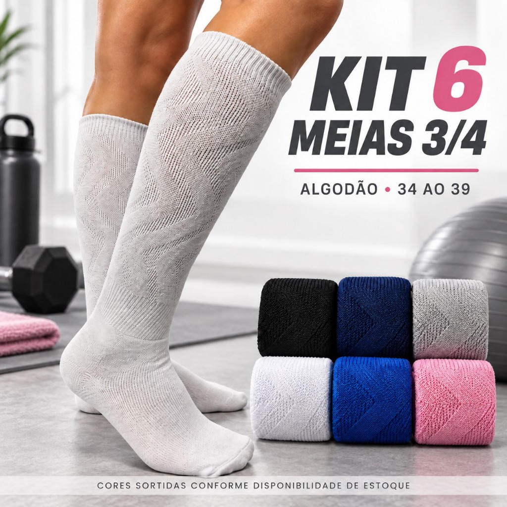 Meia Aeróbica 3/4 Algodão Academia Crossfit Caminhada Corrida Fitness Fit Cano Longo Meião