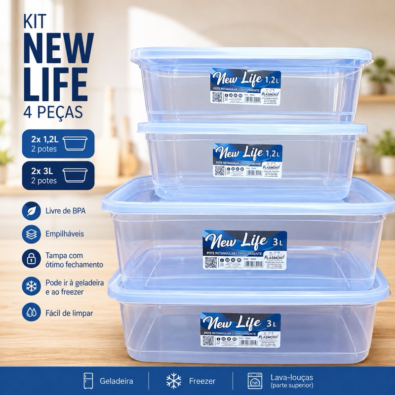 Kit 4 Potes Retangular  2 un 1,2L 2 un 3 L - Plástico Transparente Kit Pote Penitenciária Kit Organizador de Geladeira