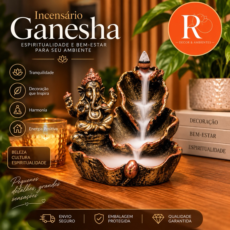 Imagem Incensário Cascata Ganesha Buda Porta Incenso Cone Efeito Cachoeira Fumaça Decoração Zen
