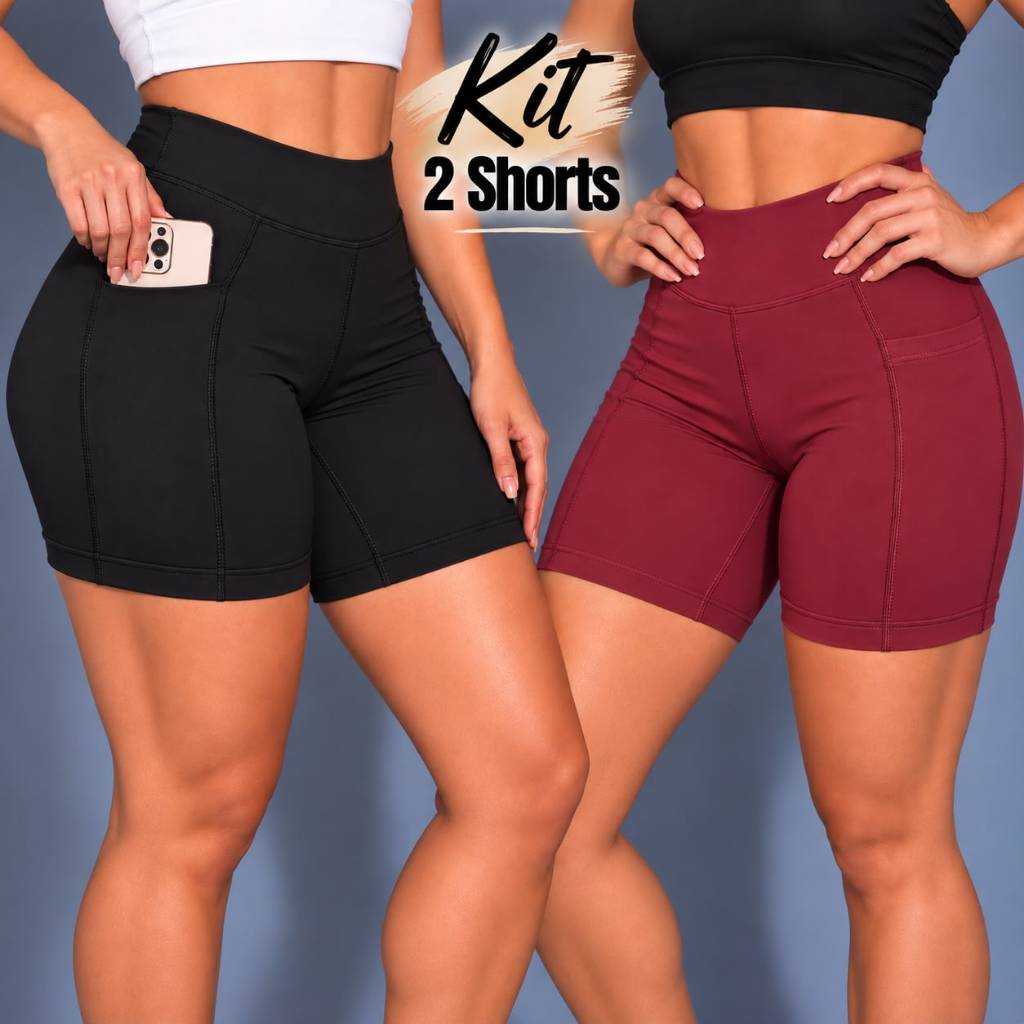 Kit 2 Shorts Fitness Feminino Academia com Bolso Lateral Suplex Cintura Alta Treino Corrida Caminhada Zero Transparência