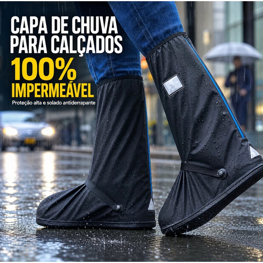 Bota de Chuva para Calçado Cano Alto com Zíper Capa Impermeável Antiderrapante e Refletiva para Motoqueiro e Motoboy