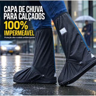 Bota de Chuva para Calçado Cano Alto com Zíper Capa Impermeável Antiderrapante e Refletiva para Motoqueiro e Motoboy