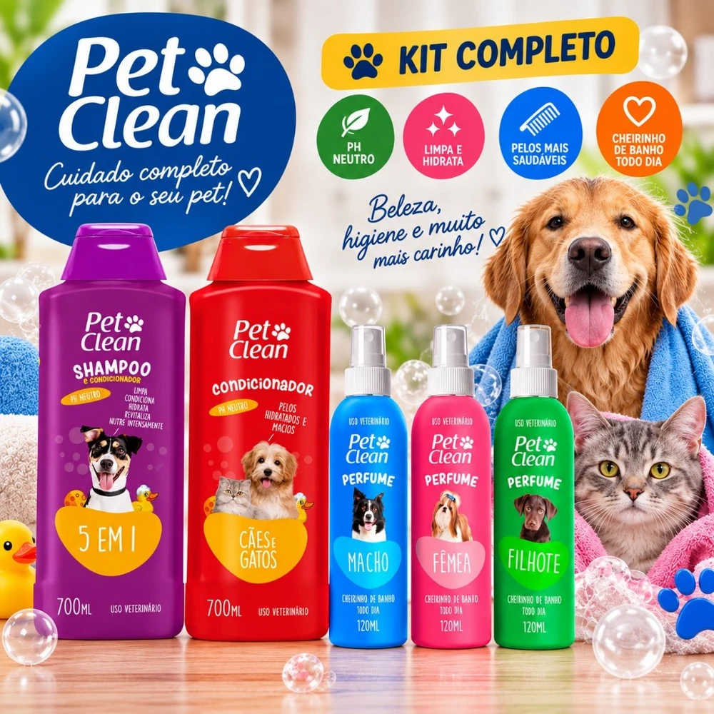 Kit Shampoo 5 em 1, Creme Condicionador e Perfume para Cachorro e Gato - Pet Clean