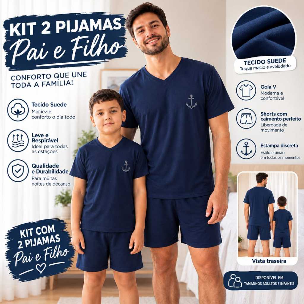 Kit Pijama Pai e Filho Masculino em Suede Blusa Manga Curta Gola V e Bermuda