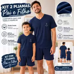 Kit Pijama Pai e Filho Masculino em Suede Blusa Manga Curta Gola V e Bermuda