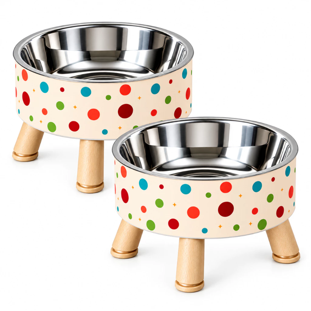 Kit 2 Comedouros Elevados Estampados Com Tigelas em Inox Cachorros Gatos — imagem 1