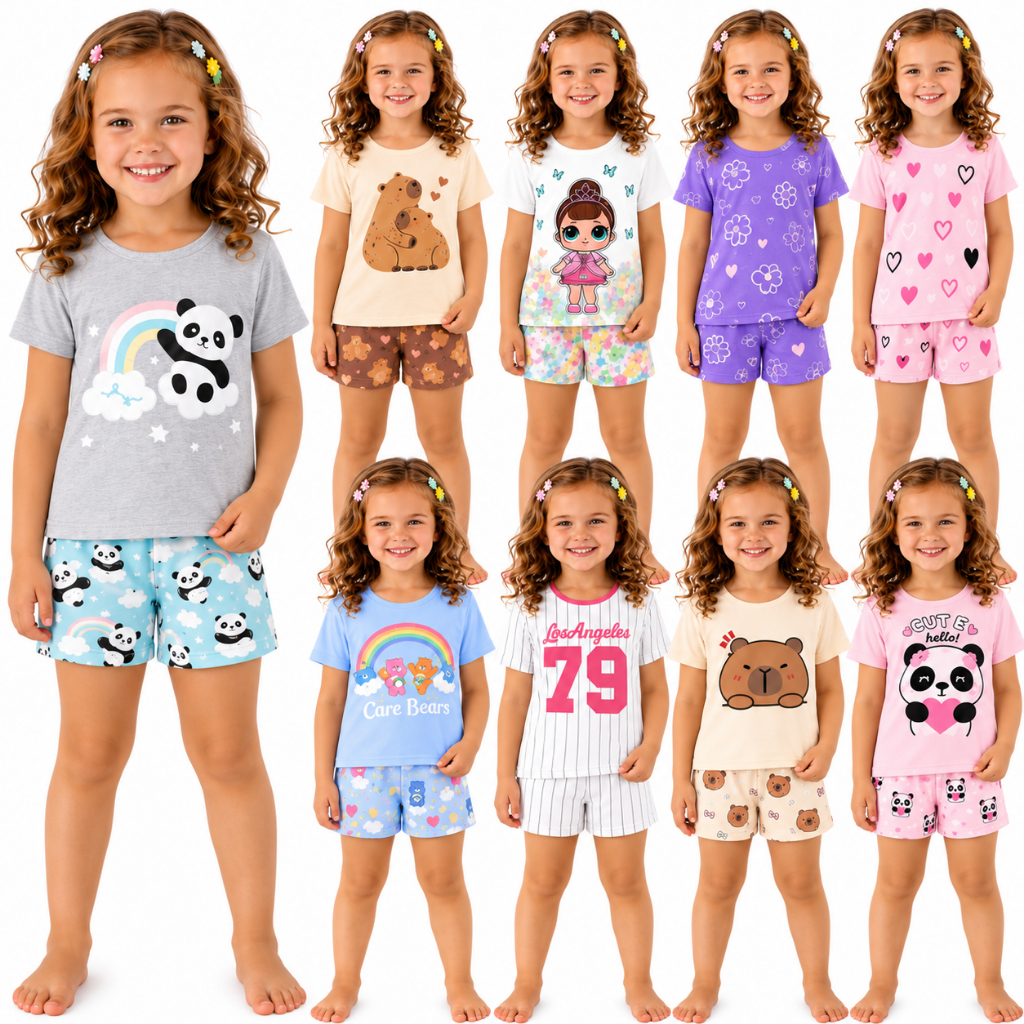 Kit com 3 Conjunto Infantil Pijama Short e blusa e calça  Estampas Sortidas