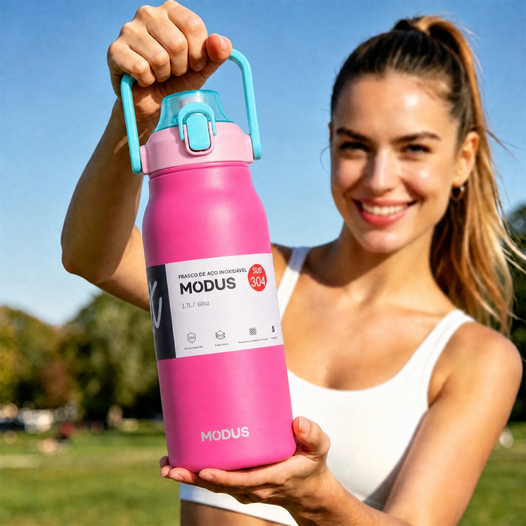 MODUS Garrafa Térmica 1,7L Inox 304 À Prova de Vazamentos, Alça Transporte, Base de Silicone Antiderrapante