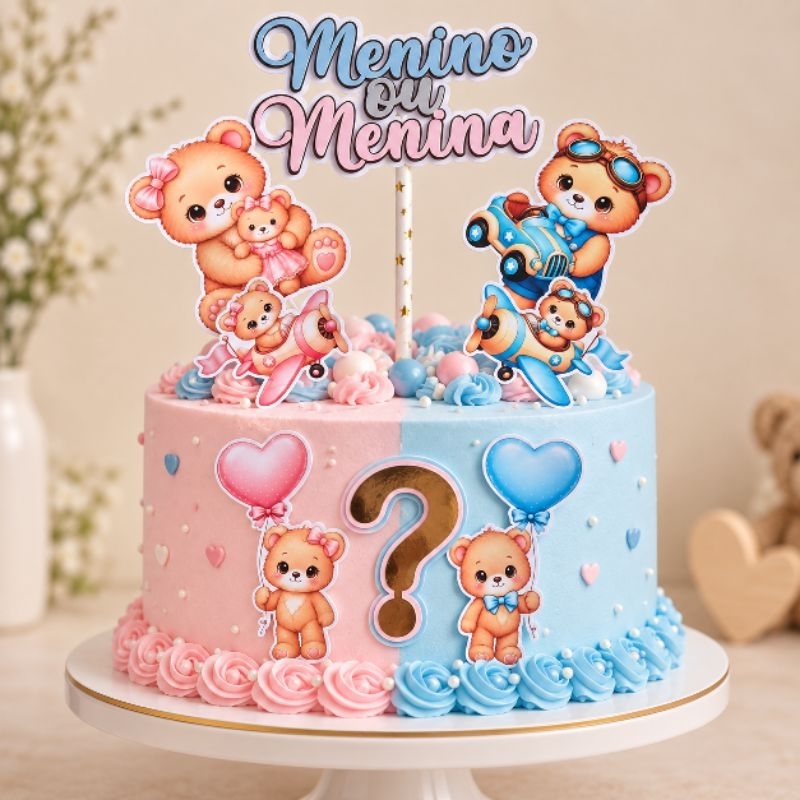 Topo de Bolo Chá Revelação Menino ou Menina Azul e Rosa ou Verde e Lilás Ursinhos Baby Decoração Festa Chá Revelação
