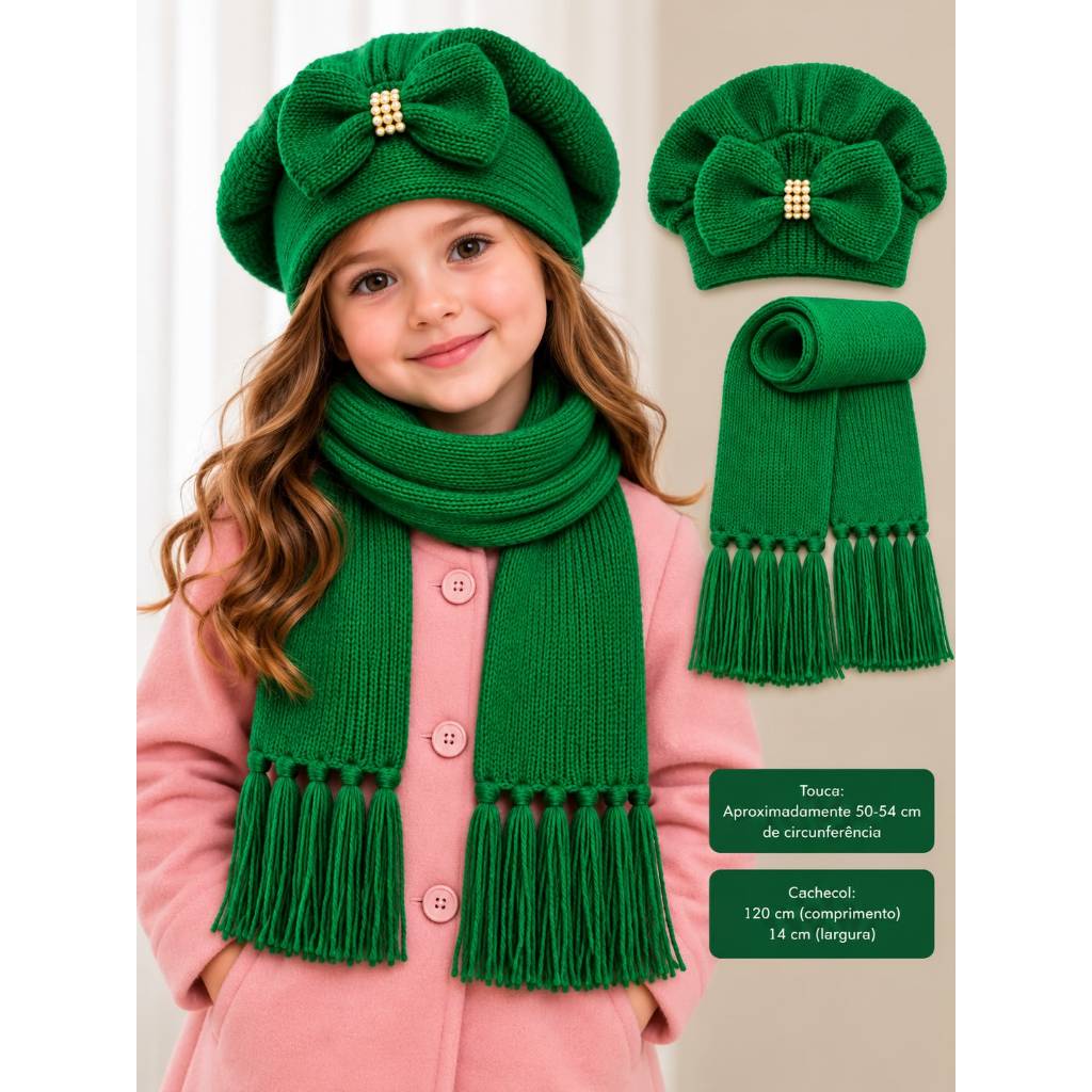 kit Boina com laço e strass + cachecol infantil de lã liso