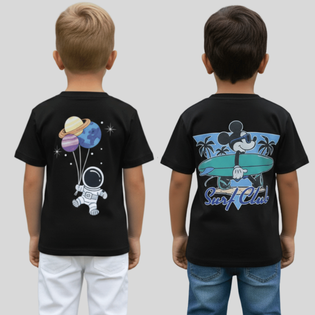 Camiseta Infantil Menino Estampa Frente e Costas Mickey ou Astronauta